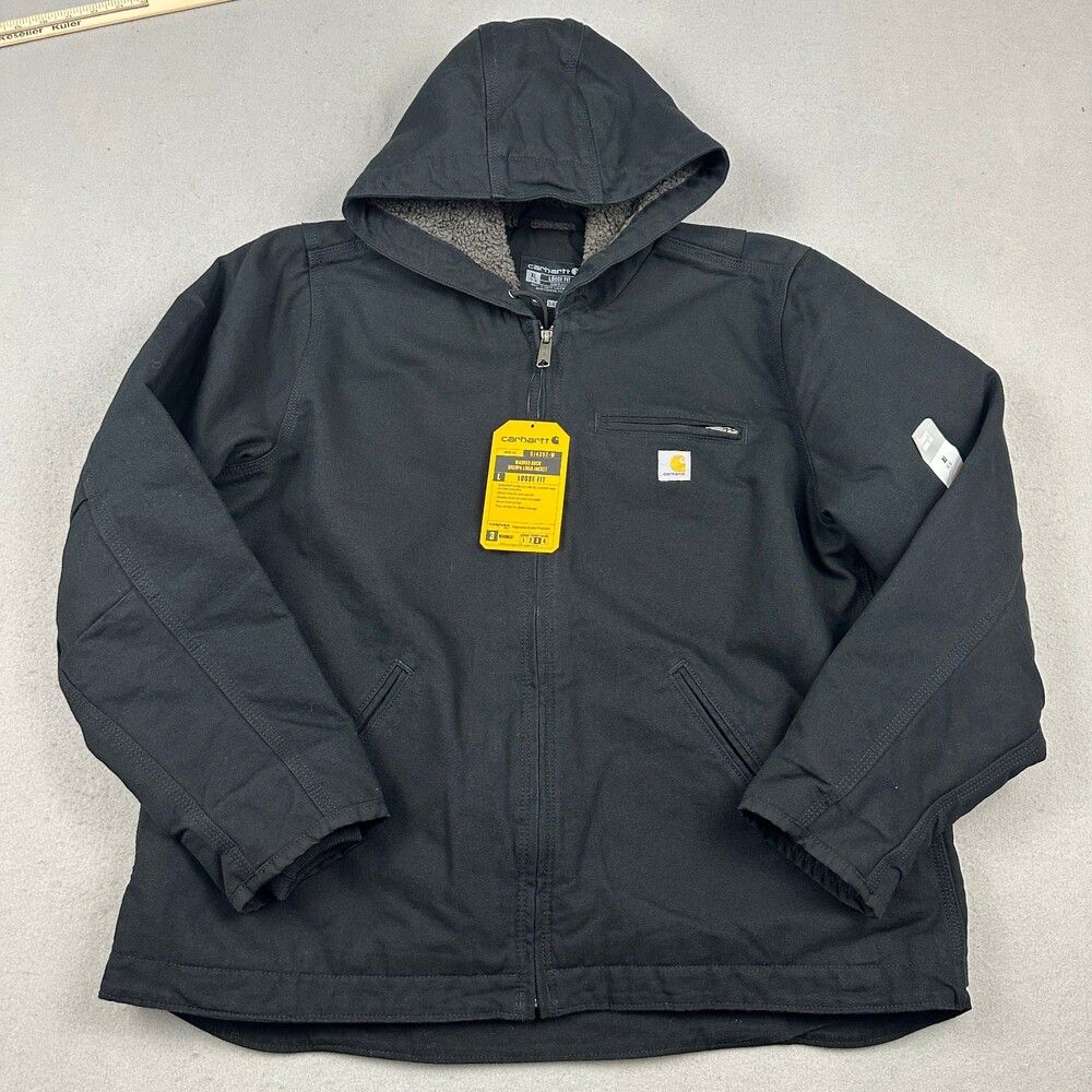 Carhartt Jacket Women XL Black Washed Duck Sherpa Lined Hooded Loose Fit Condura